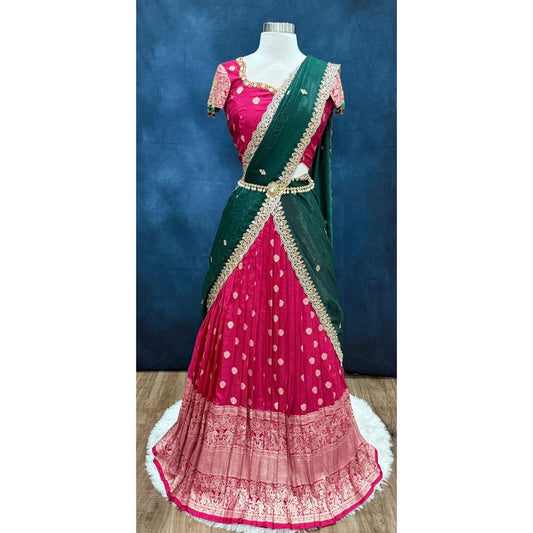Gorgeous Tissue Half saree with grand Maggam work in magenta pinkwith green color dupatta in size 34. Traditional Lehenga.