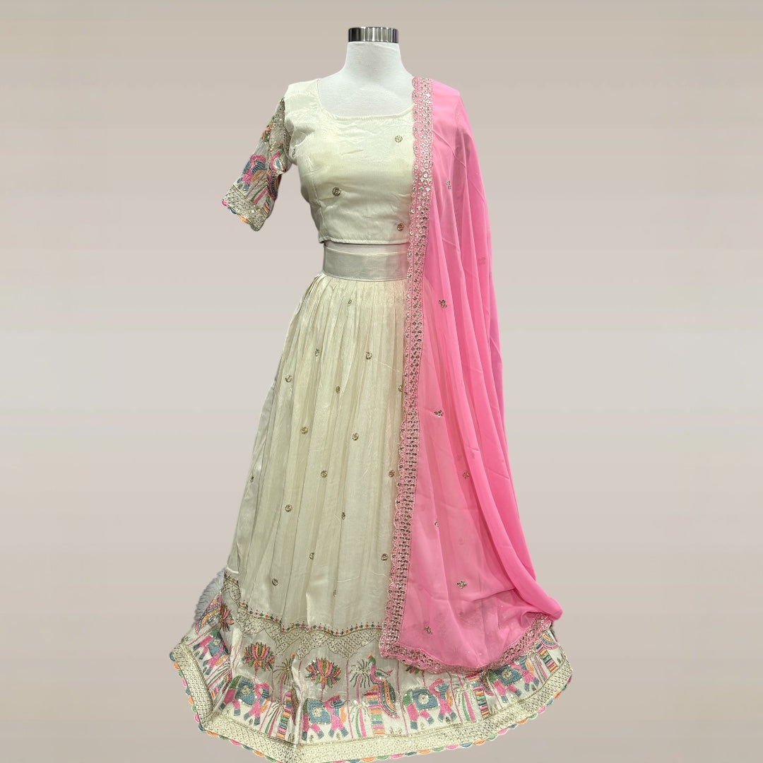 Elegant Off White Banarasi Tissue Silk Wedding Lehenga Choli – Heavy Embroidery & Sequin Work – Size Large 40 , chaniya choli, ready to ship usa