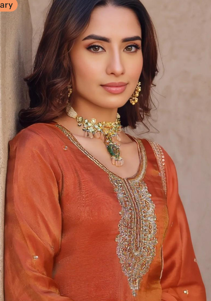 Gorgeous Vibrant Orange Silk Palazzo Set | XL 42 | Embroidered Kurta & Brocade Palazzo with Dupatta | Festive Wedding outfit ready to ship