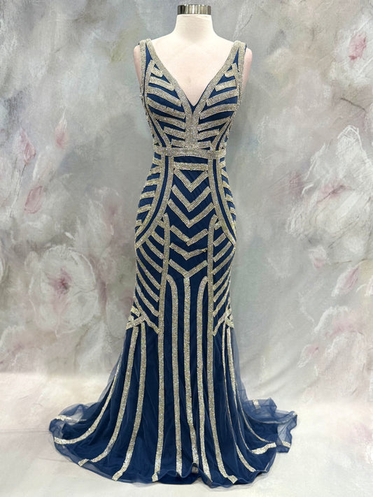 Elegant blue evening gown featuring stunning silver beaded stripe work throughout the dress size 30 waist 28