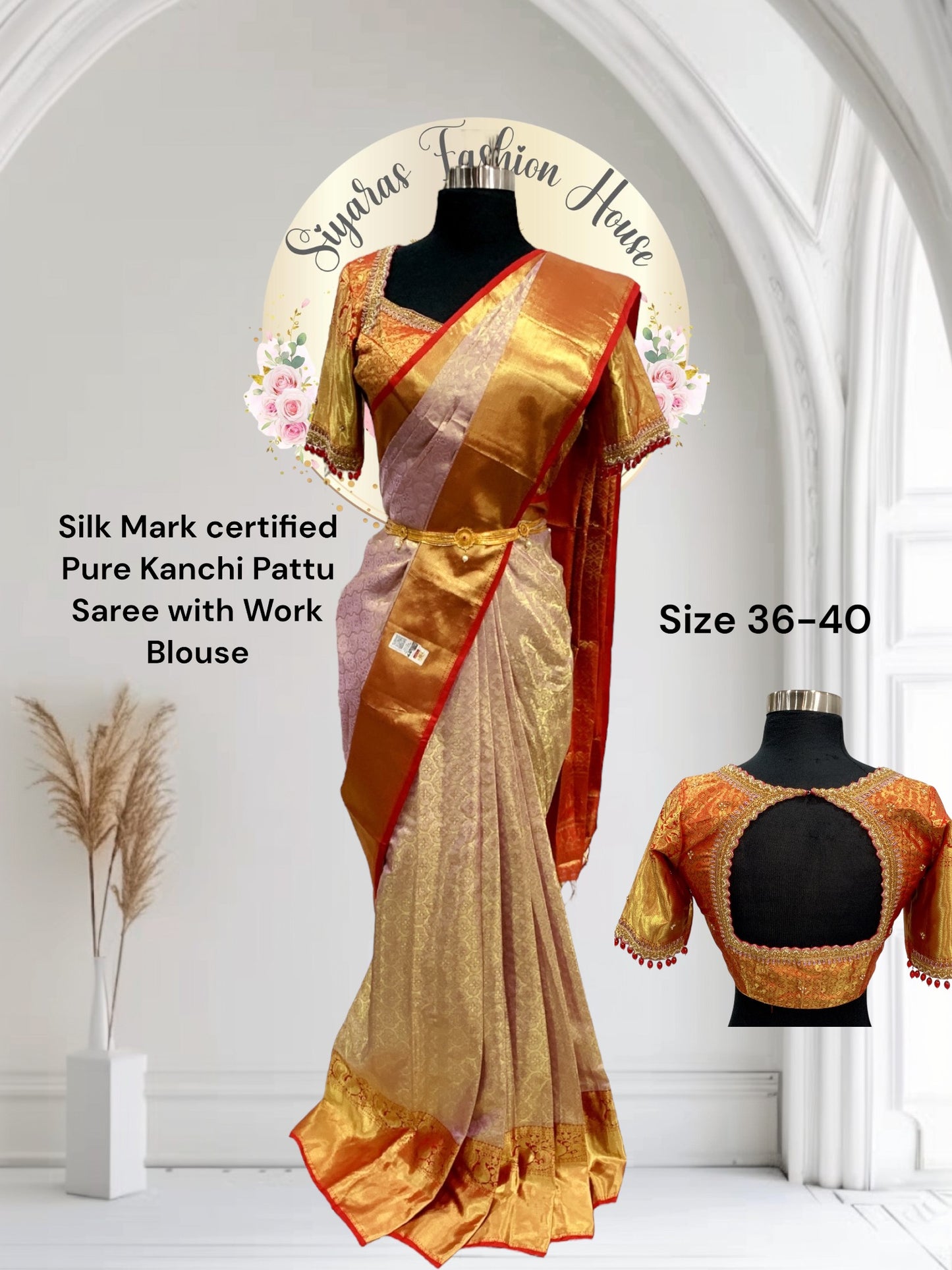 Pure Kanchi Pattu Saree in Lavender and Gold silk mark certified saree with Elegant Maggam work stitched blouse size 38 To 42