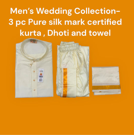 Mens wedding collection 3 pc Set Silk mark certified kurta , silk Dhoti and Towel combo sizes 40, 42,44 for gruha pravesh, wedding