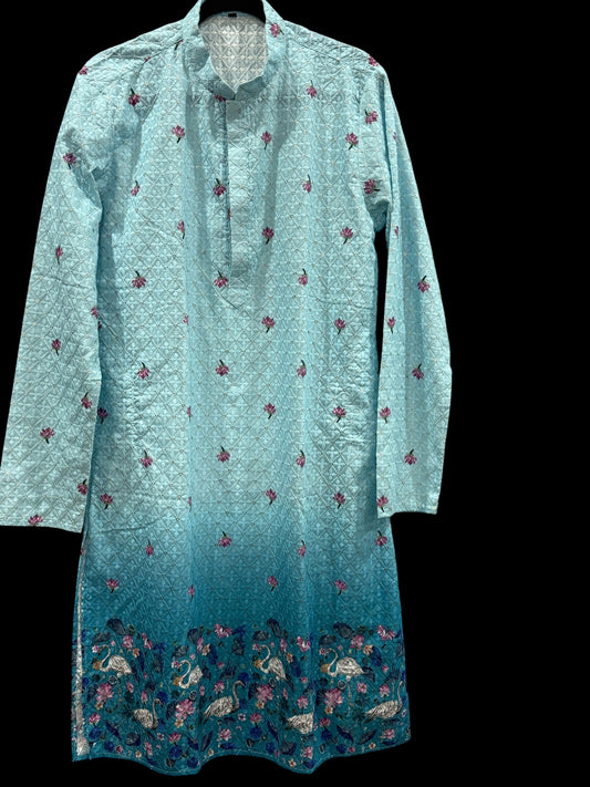 Lovely Designer Kalamkari sequin partywear Kurta. Ready to wear kurta with white Pajama. Available in size 42.