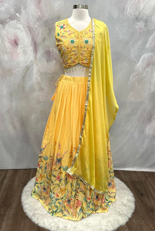 Yellow Haldi Lehanga set with elegant sequence and bead hand work size Medium 38 size for festival, wedding , haldi function