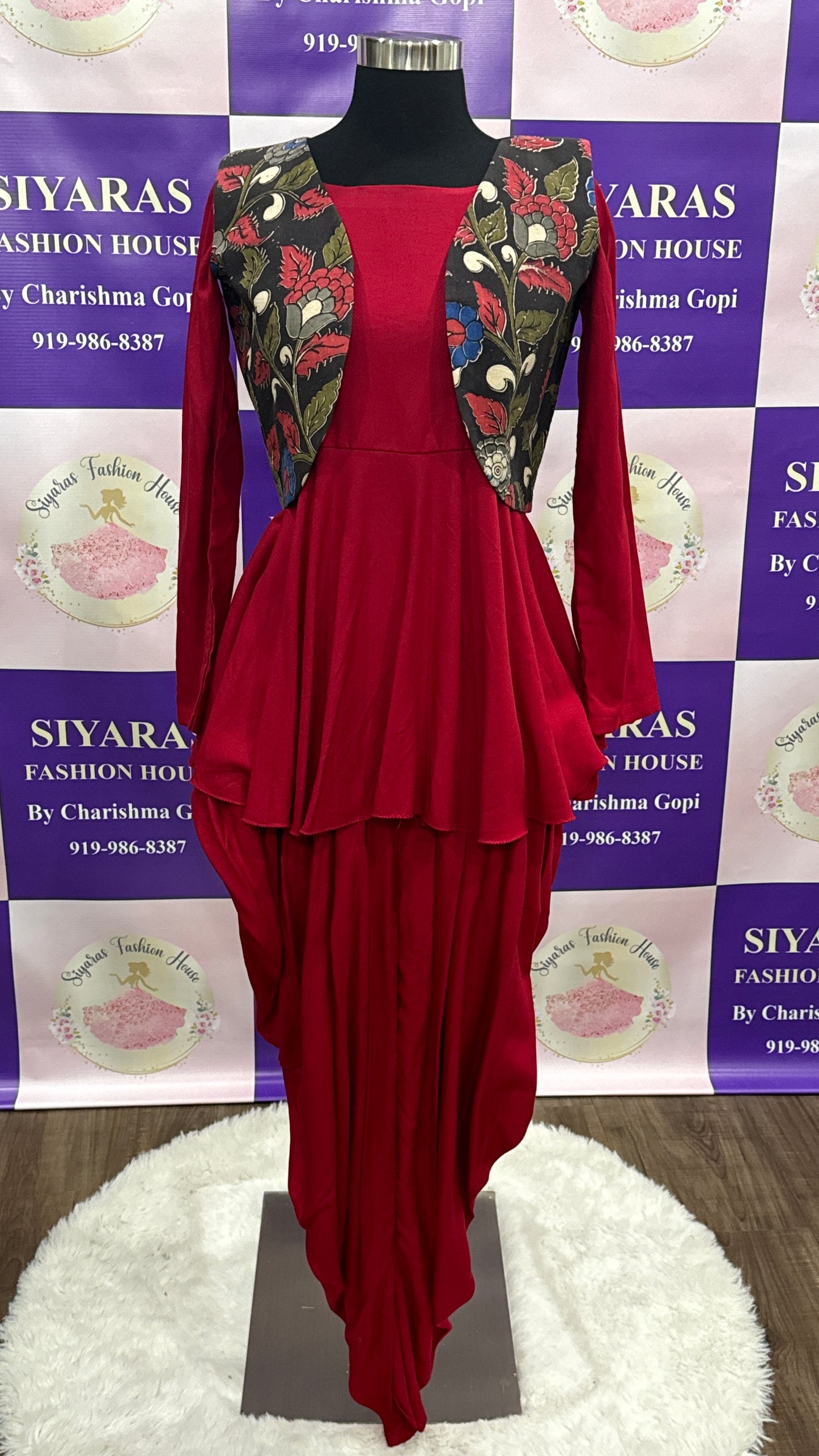 Elegant Maroon Red Dhoti Style Dress with peplum top and Kalamkari Jacket