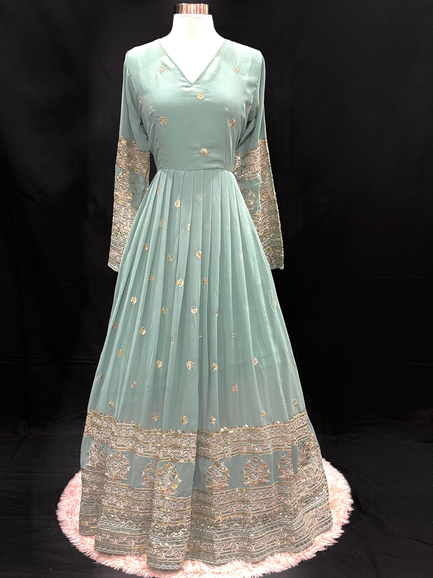 Elegant Sea Green Embroidered Anarkali Suit with Floral Dupatta. Available in size 42.