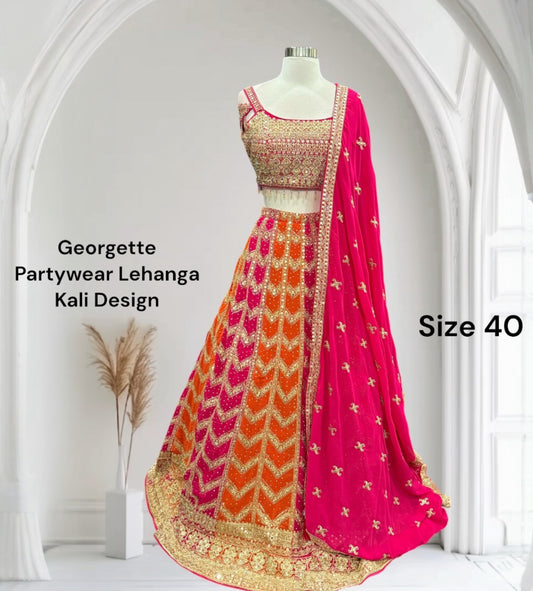 Twirl in colors of celebration ✨💖
This vibrant Georgette Lehanga brings together sparkle, tradition & modern glam 🌺🔥💛
Size 40.