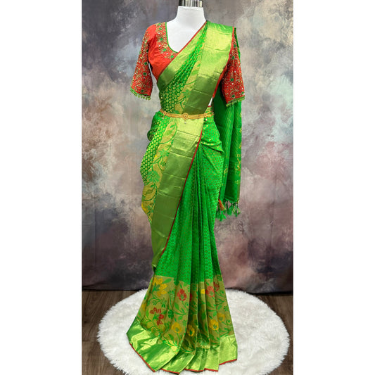 Kanchi pattu saree in festive vibes in bright green and orange shades with heavy Maggam work Blouse size 38 to 42