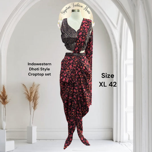 Fusion dhoti-style mirror work crop top set. Size XL 42 – glam in every drape!
Fabric: Georgette croptop WITH MIRROR WORK