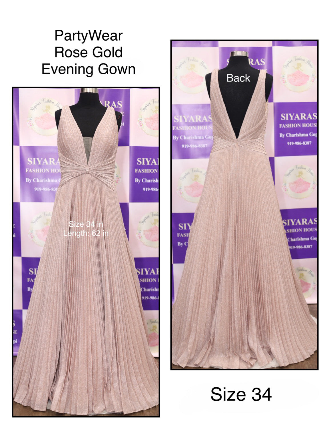 Rose Gold Shimmery Metallic Soft Evening Gown - Size 34 (Length 62 inches) Partywear dress