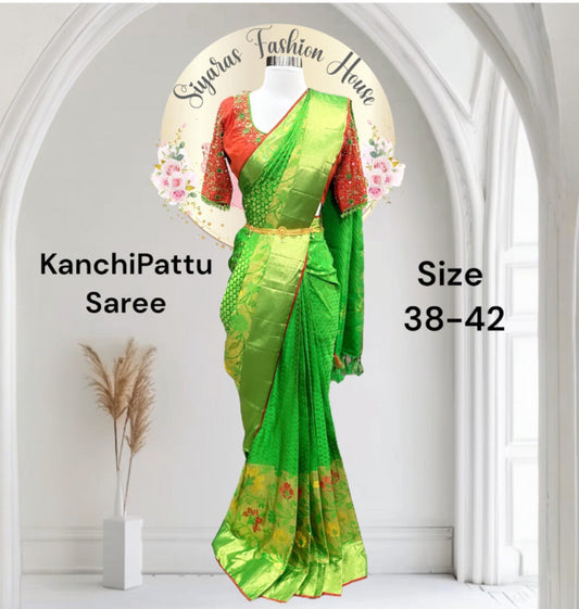 Kanchi pattu saree in festive vibes in bright green and orange shades with heavy Maggam work Blouse size 38 to 42