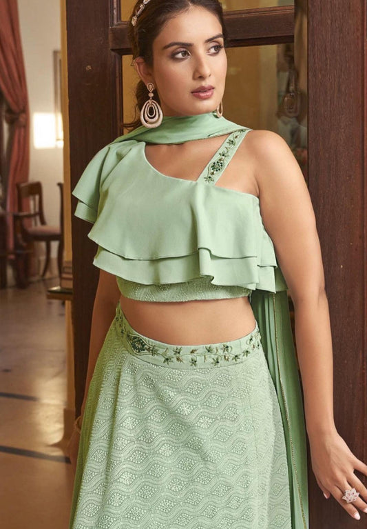 Trendy Stylish attractive work Lehanga set bollywood dress one side ruffles sleeve size 38 Partywear dress Lehanga Ready to ship