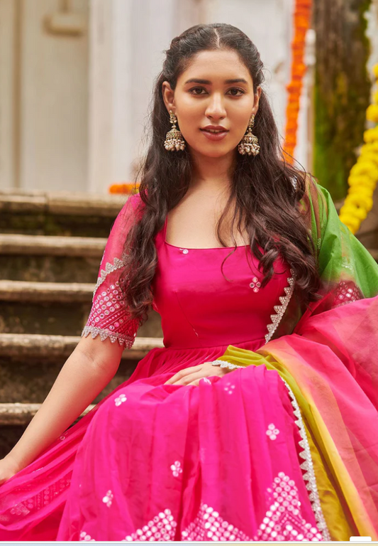 Vivid Magenta Organza Anarkali Dress with Mirror Embroidery and Designer Silver Laces Partywear dress