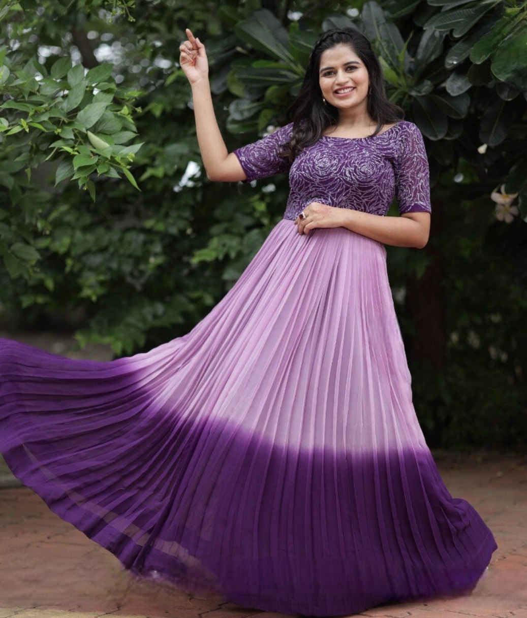 Purple shaded georgette gown tie and dye sequence partywear dress