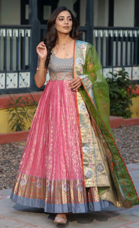 Zari Kota Banarasi Silk Anarkali Long gown with Pethani Border and Maggam Work Yoke Traditional partywear dress Ready to ship free USA