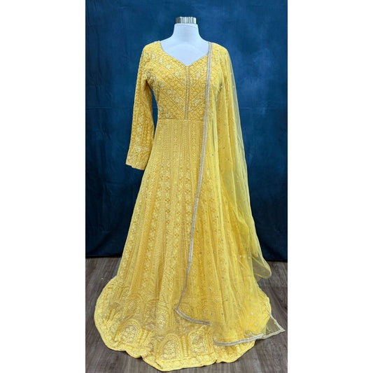 Beautiful party wear yellow Chikankari long gown available in size 40. Perfect for wedding/ sangeeth/ birthday parties and other occasions.