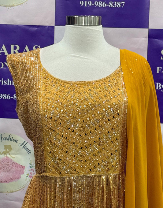 Gorgeous sequence Nyra cut 3 pc Partywear Dress size 3XL 46 sleeves can be attached Festive & Wedding Guest Outfit in yellow/mustard color