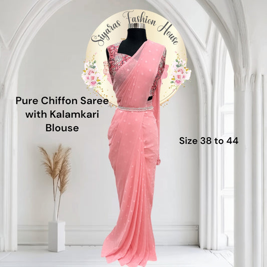 Beautiful Pink Chiffon saree with stitched Kalamkari blouse. Available in size 38 to 44.