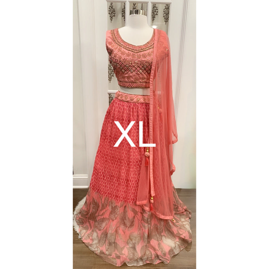 Elegant Partywear peach pink Lehanga in raw silk blouse with handwork and mirror work and chiffon skirt grand looking size XL