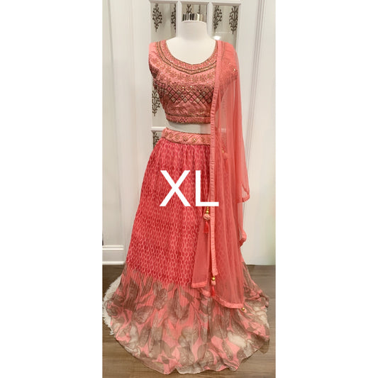 Elegant Partywear peach pink Lehanga in raw silk blouse with handwork and mirror work and chiffon skirt grand looking size XL
