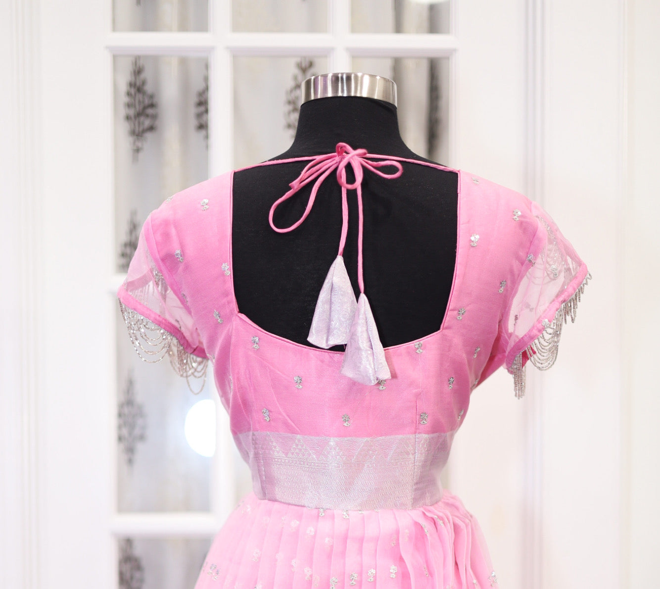 Beautiful Pink Organza Silk Long gown with sequence emplaned hand embellishments with organza Dupatta. Size XXL 44 is available