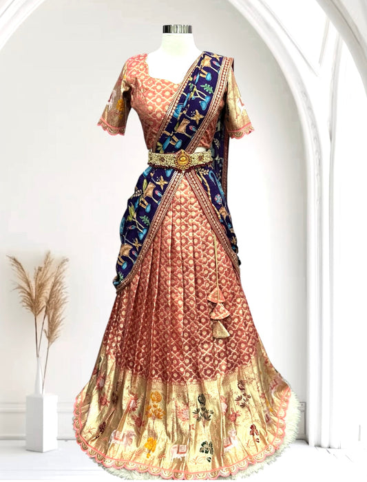 Tissue Half saree with kalamkari dupatta pastel pink color size available in size 38 traditional , wedding dress