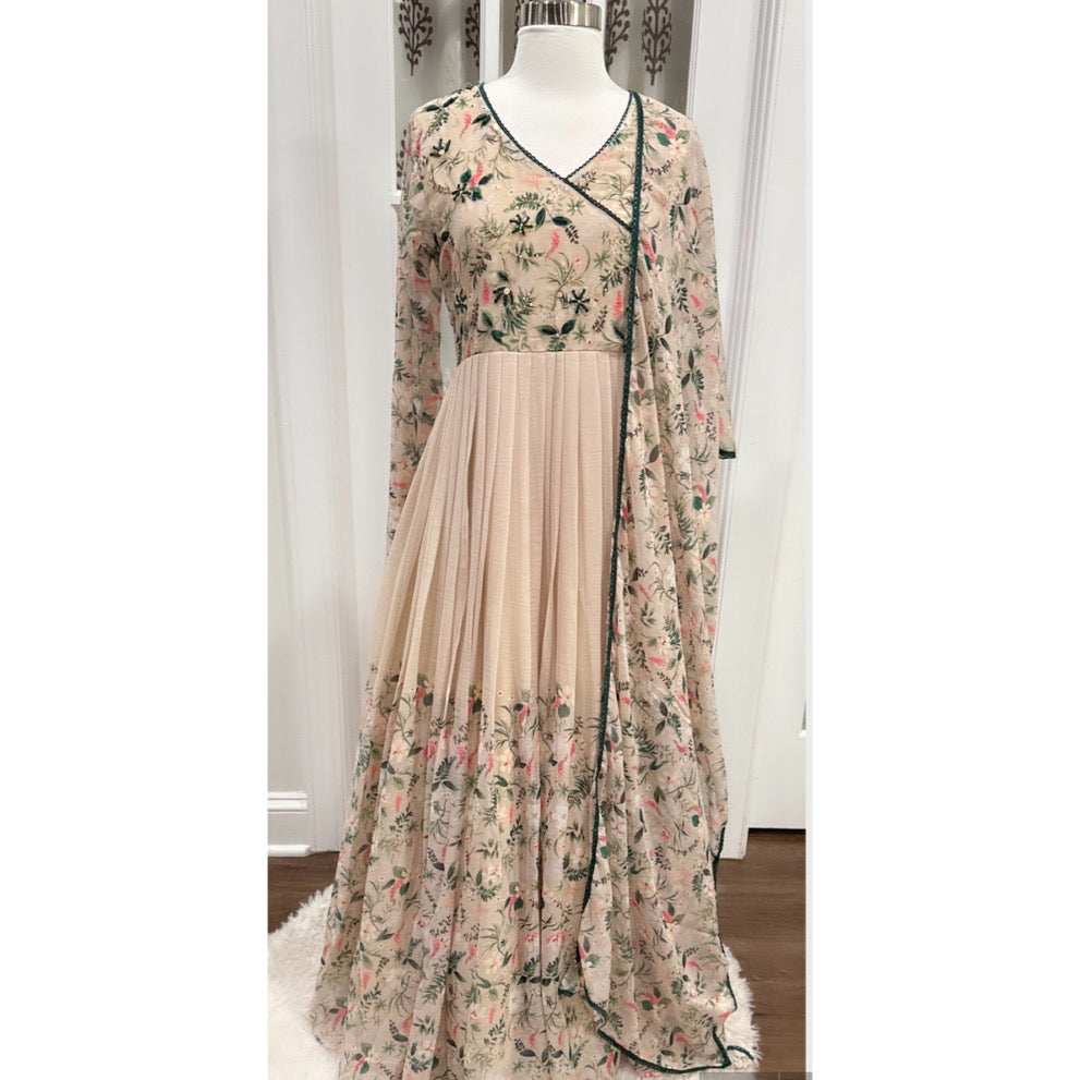Gorgeous chiku color Chiffon Anarkali gown digital print Angrakha style 3 pc set Indian wedding outfit XL 42 on hand