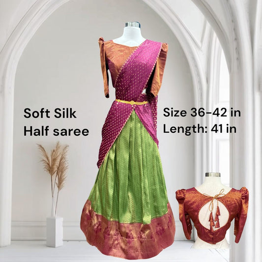 Gorgeous soft silk Half saree with butti hands in rust magenta and green color combo stitched blouse size 36-42