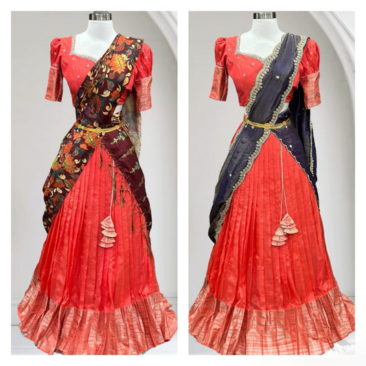 Beautiful orange Customized Mangalagiri half sarees with intricate Maggam work blouses and dreamy tissue or Kalamkari Dupatta
Size available 36 to 40