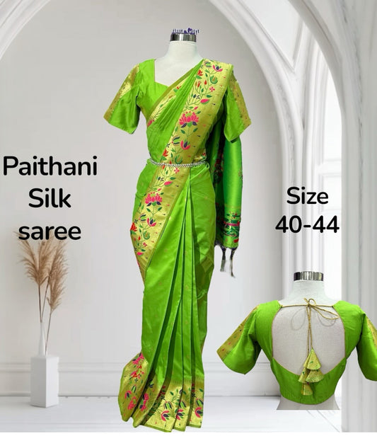 Elegance redefined in this Paithani Silk Saree 🌿💚
Crafted in soft silk with golden zari borders and vibrant lotus and floral motifs Perfect blend of tradition & grace 💫
Size: 40-44 💕