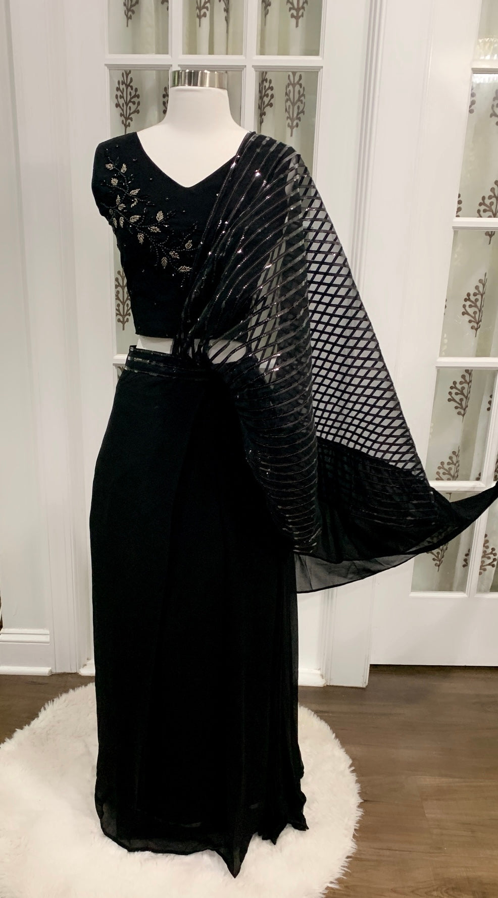 Black IndoWestern one min saree work Croptop with elaborate metallic drape style lehanga attached 2 piece set size 40