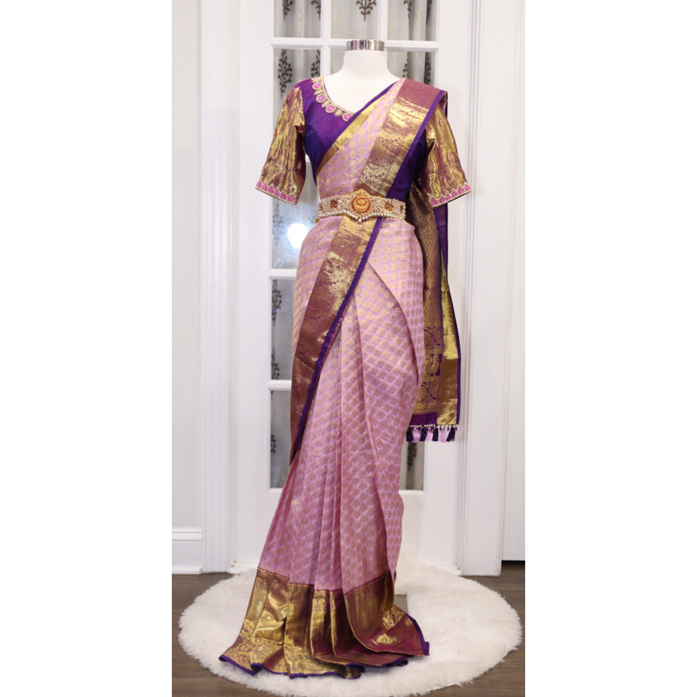 Stunning Kanchi Pattu Saree silk mark certified in Lilac and purple hues featuring exquisite Maggam work! Wedding saree