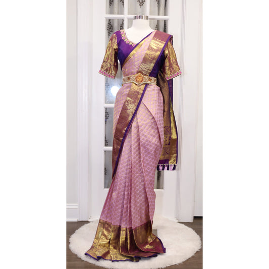 Stunning Kanchi Pattu Saree silk mark certified in Lilac and purple hues featuring exquisite Maggam work! Wedding saree