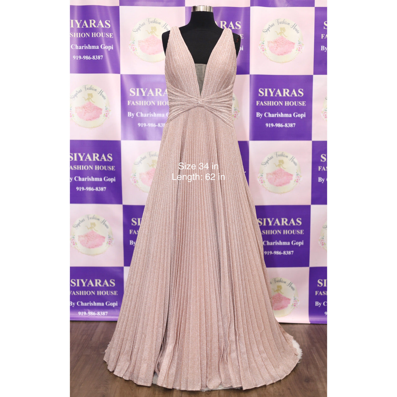 Rose Gold Shimmery Metallic Soft Evening Gown - Size 34 (Length 62 inches) Partywear dress