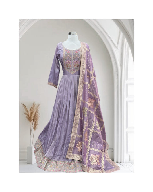 Beautiful lavender Tissue Anarkali Long gown   With tissue banarasi dupatta size large 40 has margin PartyWear dress