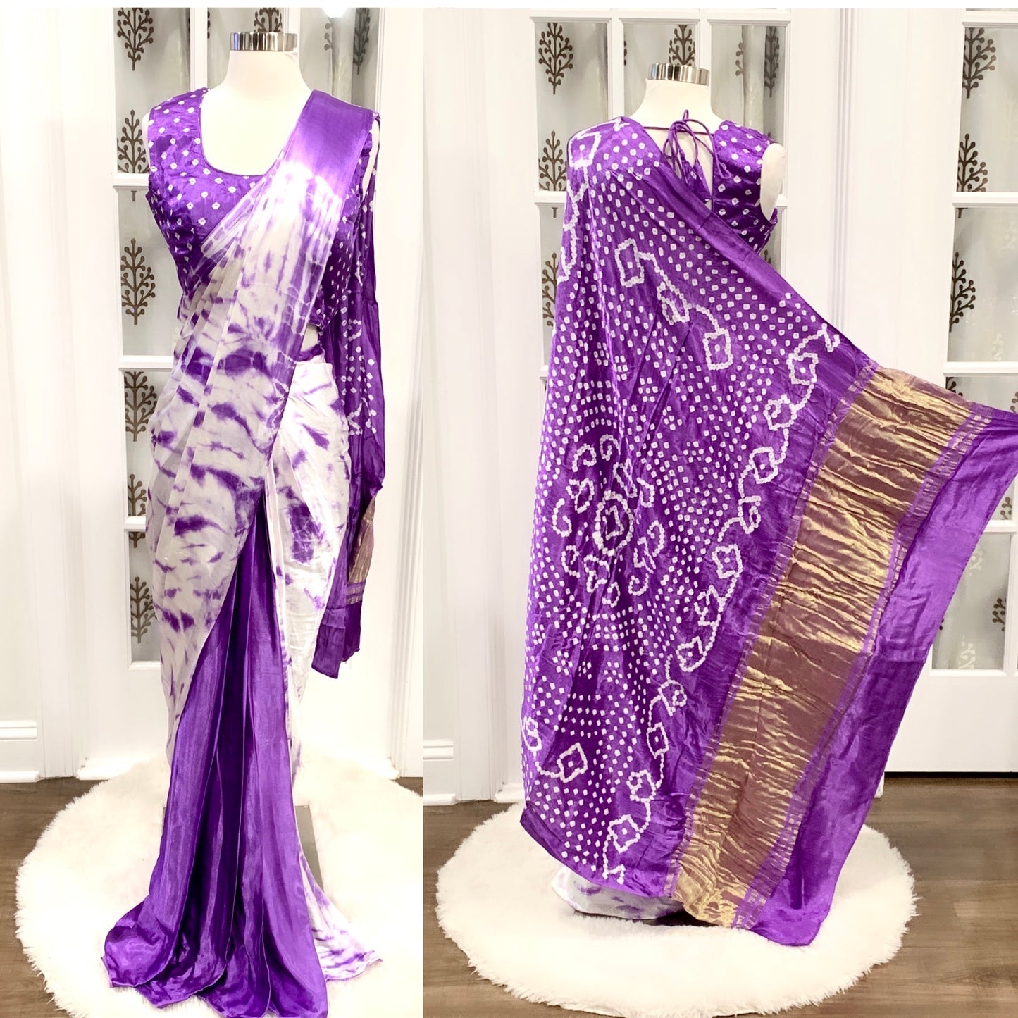 Gorgeous purple Hand made hand dyed Tissue Pallu Bandhini Saree Modal Silk fabric with sleeves attached inside