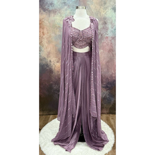 Gorgeous mauve Indo-Western outfit |Hand-embroidered crop top| flowy pleated dhoti skirt and a stunning cape-style jacket| Size 36