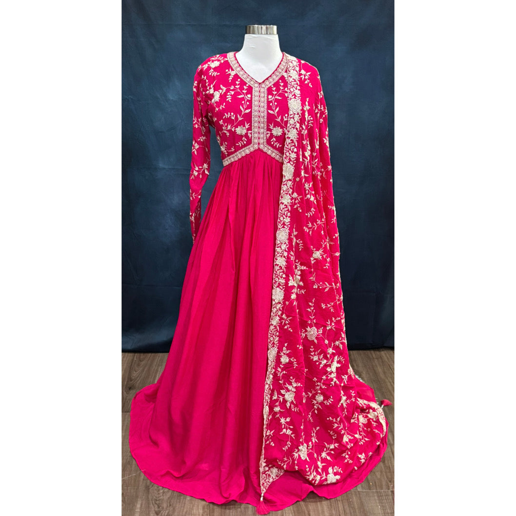 Gorgeous Pink Anarkali Long Gown in Chinon Silk with Silk thread Embroidery and sequence (front and back) and lace border dupatta. Avl in Xl 42/XXL 44.