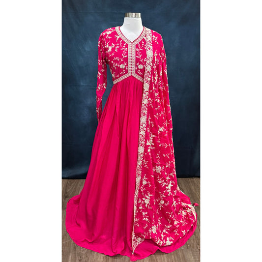 Gorgeous Pink Anarkali Long Gown in Chinon Silk with Silk thread Embroidery and sequence (front and back) and lace border dupatta. Avl in Xl 42/XXL 44.