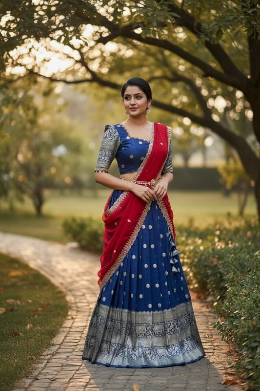 Gorgeous Tissue Half saree with Maggam work in dark blue and coral color dupatta in size 34. Traditional Lehenga.