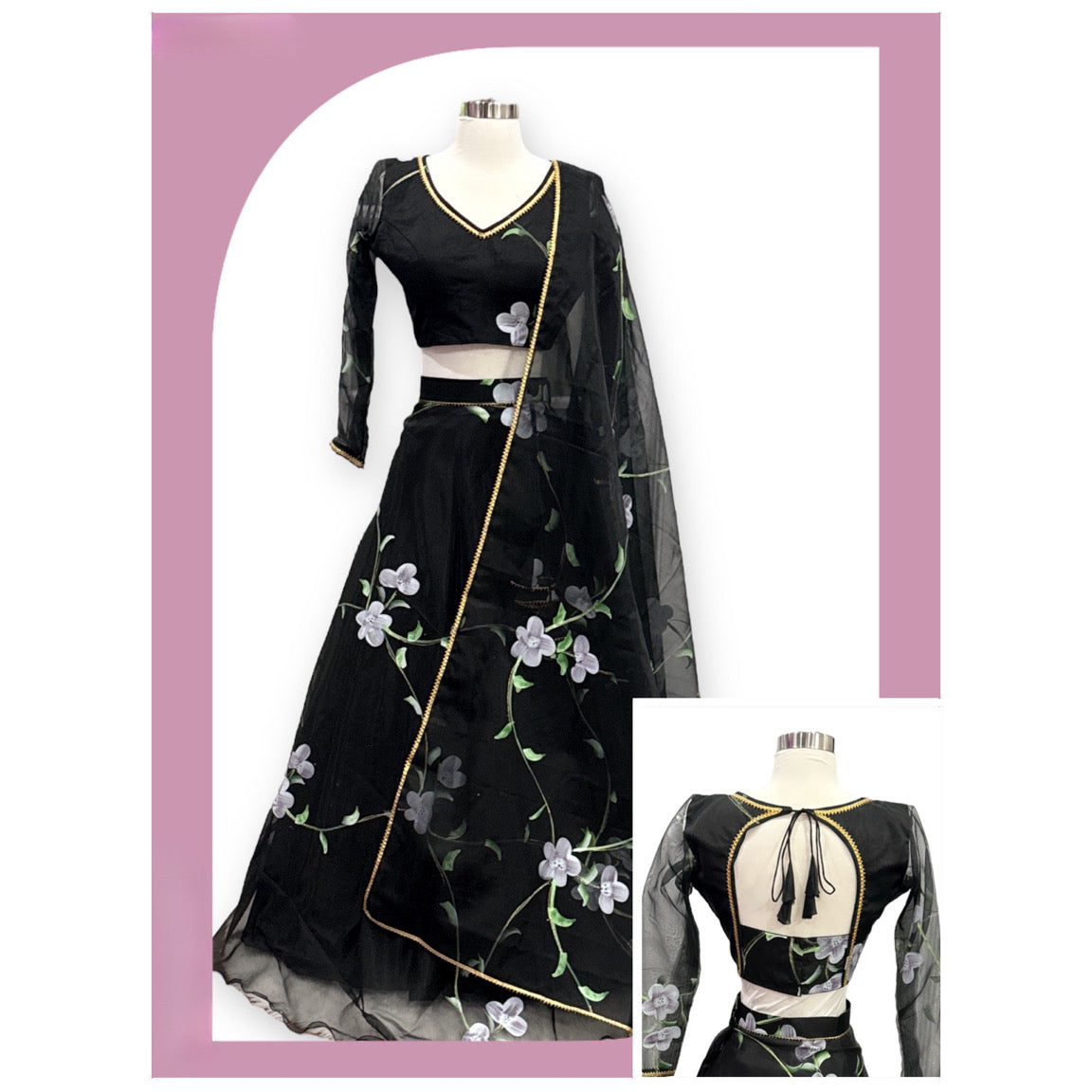 Beautiful customised Floral Print organza Lehanga with designer blouse with Organza dupatta