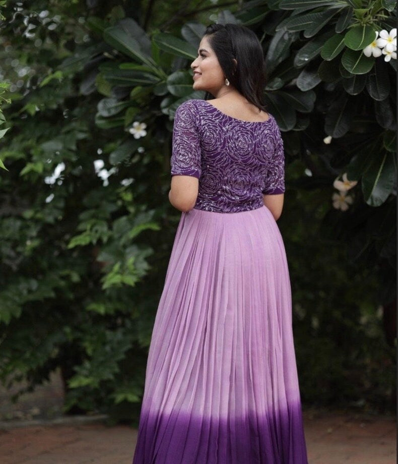 Purple shaded georgette gown tie and dye sequence partywear dress