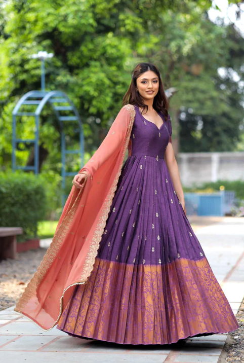 Handloom Cotton Long Dress with Zari Border and Georgette Dupatta - Size 38, Length 55 inches