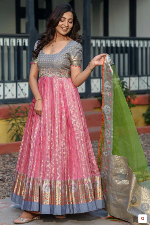 Zari Kota Banarasi Silk Anarkali Long gown with Pethani Border and Maggam Work Yoke Traditional partywear dress Ready to ship free USA