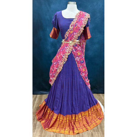 Traditional customized narayanpet cotton half saree , langa voni brinjal Color with zari border size 38 to 42