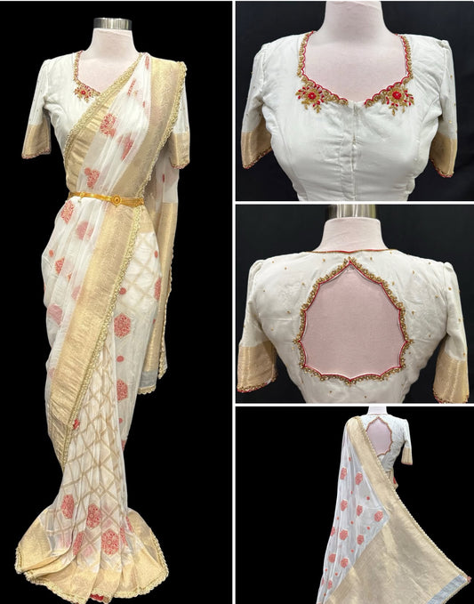 ✨ Timeless elegance in premium Mashru Silk! Featuring exclusive handwork, rich zari detailing, and a beautifully hand work blouse. 🎨 Dyeable to your preferred shade. Size 36-40. Perfect for weddings, festive celebrations, and special occasions.
