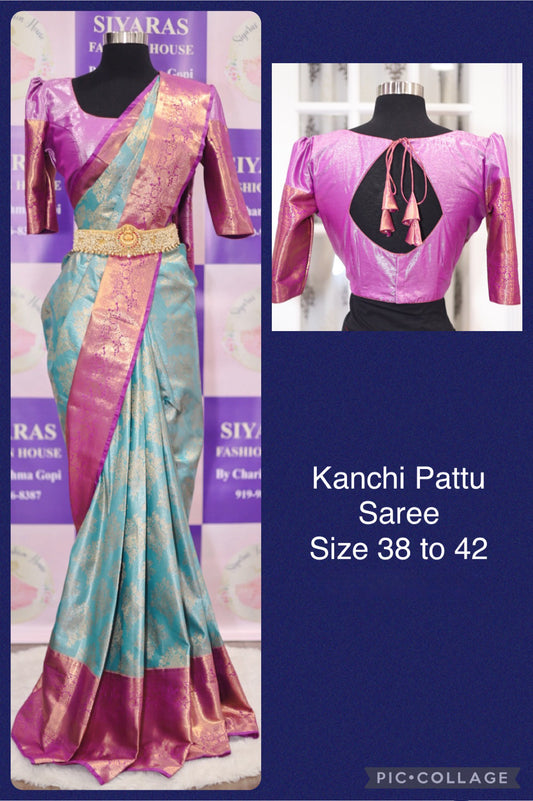 Beautiful Kanchi Pattu saree in charming combo of cyan blue and dark magenta combo with stitched blouse fits 36-42.