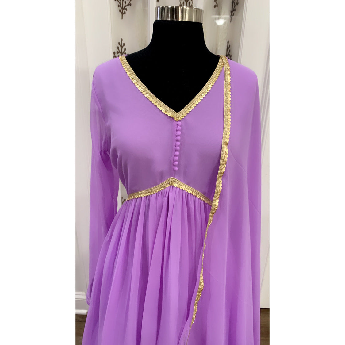 Gorgeous Alia Cut Lavender color Georgette Long Gown with Dupatta and lace border embellishments size 38 ready to ship