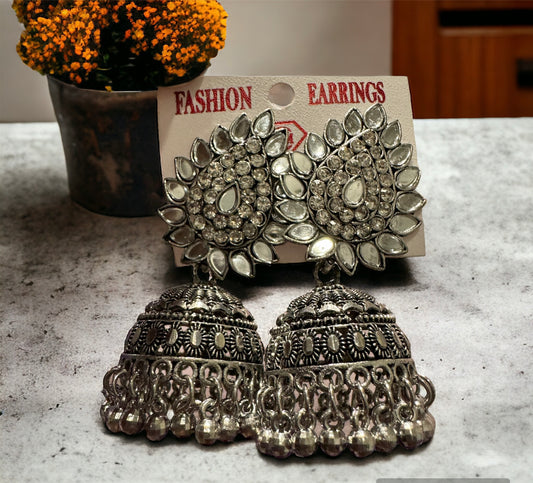 Cute metallic grey finish mirror work earrings one size