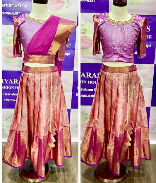 beautiful girls kanchi Pattu Lehanga with hand work too and detachable pallu 4- 7 yrs chest 28 in fully stitched girls dress USA ready 2 ship